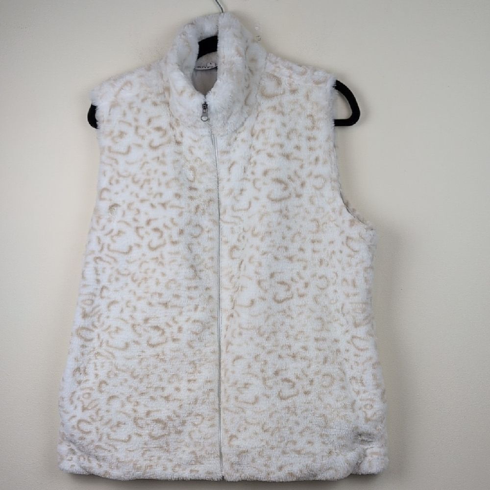 Katydid White Snow Leopard Faux Fur Zip Front Vest Size Large